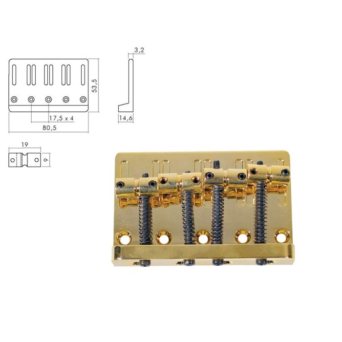 Boston brug-staartstuk, Jocker/ Puncher bass, pitch 20mm, goud