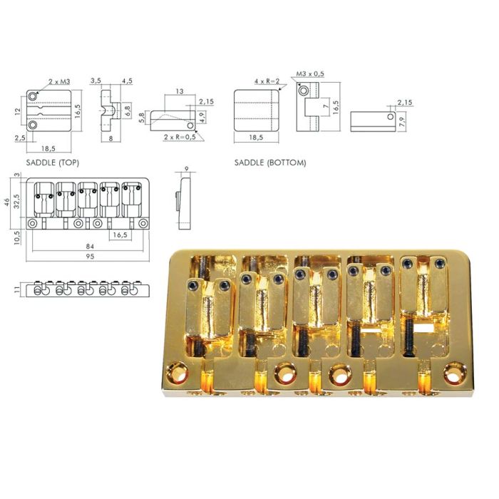 Boston brug-staartstuk, WMI-model, goud, 5-string, pitch 16,5mm