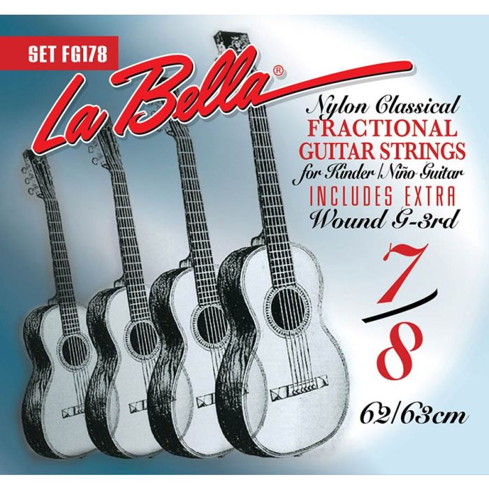 La Bella Fractional Series snarenset klassiek, 7/8 mensuur, clear nylon trebles, silverplated basses, extra G-3 (wound)