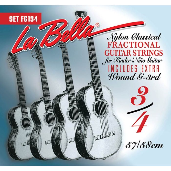 La Bella Fractional Series snarenset klassiek, 3/4 mensuur, clear nylon trebles, silverplated basses, extra G-3 (wound)