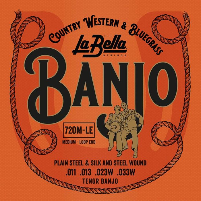 La Bella Acoustic Folk snarenset tenor banjo, silver plated steel wound, loop ends, medium, 011-013-023-033