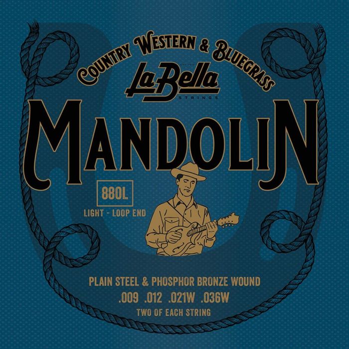 La Bella Acoustic Folk snarenset mandoline, phosphor bronze wound, loop ends, light, 009-012-021-036 (2x elk)