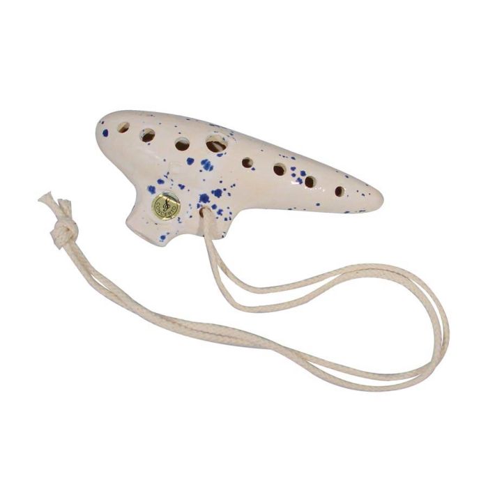 Schwarz ocarina, F stemming, 15 cm, wit-blauw keramisch, met hoes