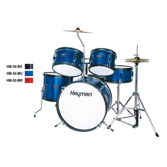 Hayman Junior Series 5-delig drumstel, drum kruk, hihat en bekkens inbegrepen, metallic blauw