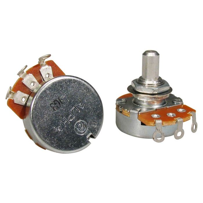 Alpha 500K audio potentiometer, solid shaft, short bushing .250", 3/8" diameter, for pickguard mount