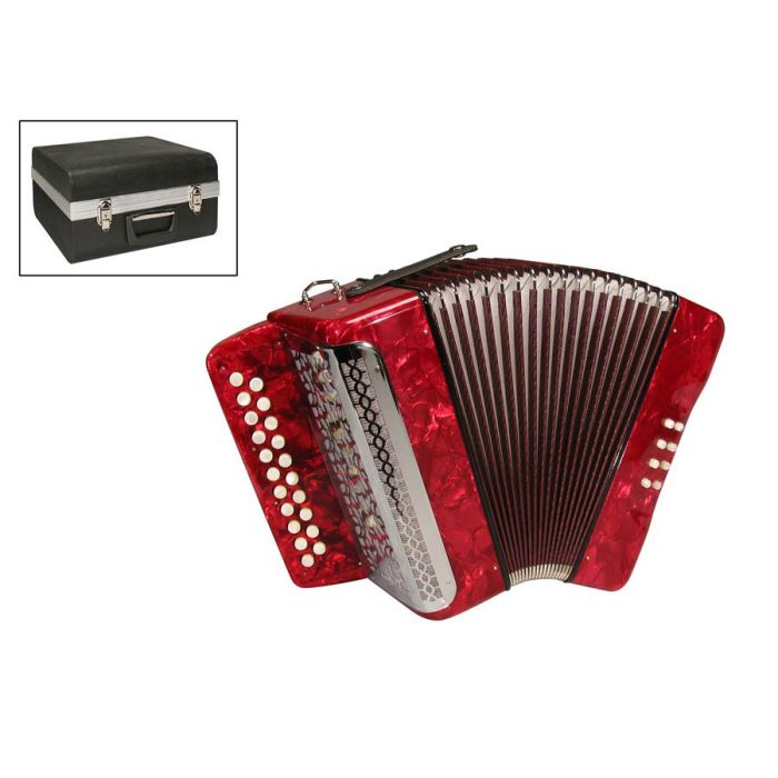 private label diatonische accordeon, 8 bassen, 2 rijen, B-C, flat panel, rood, inclusief koffer en riemen