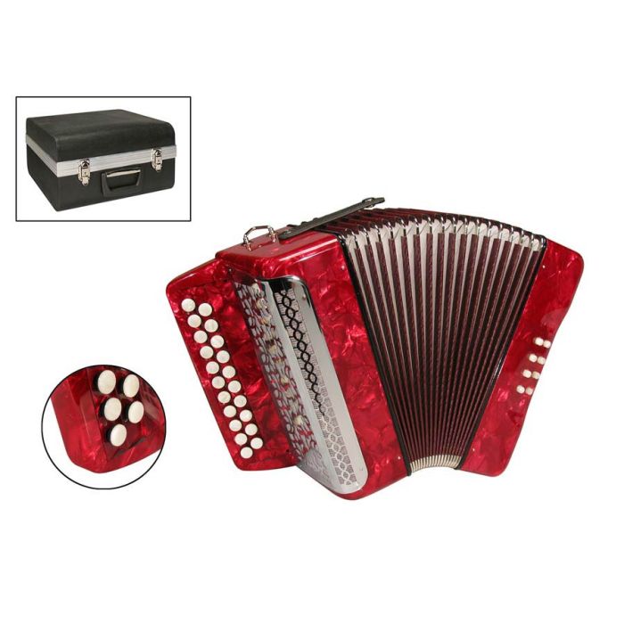 private label diatonische accordeon, 8 bassen, 2 rijen, B-C, stepped panel, rood, inclusief koffer en riemen