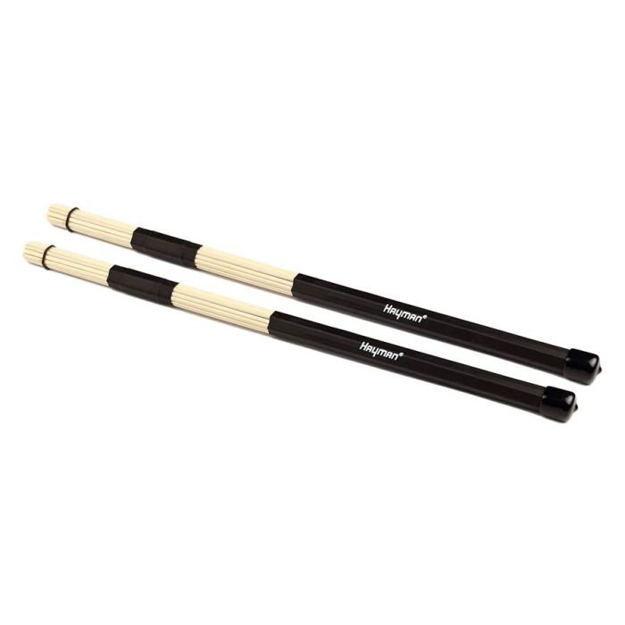 Hayman drumrods, bamboe, zwart handvat, 19 staven, rubber ring, lengte 400 mm, diameter bol 15 mm.