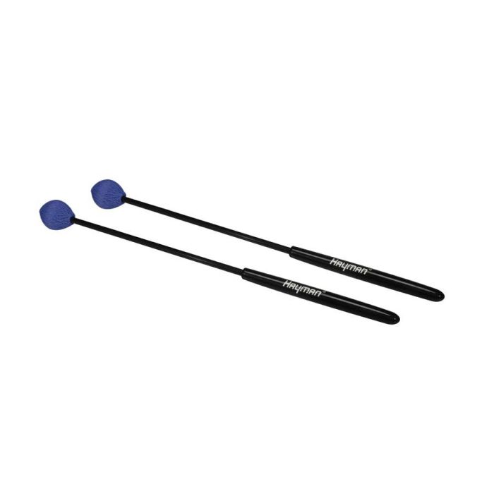 Hayman kloppers voor marimba, 350 mm zwart fiber schacht, paar, 29 mm harde bol, blauw