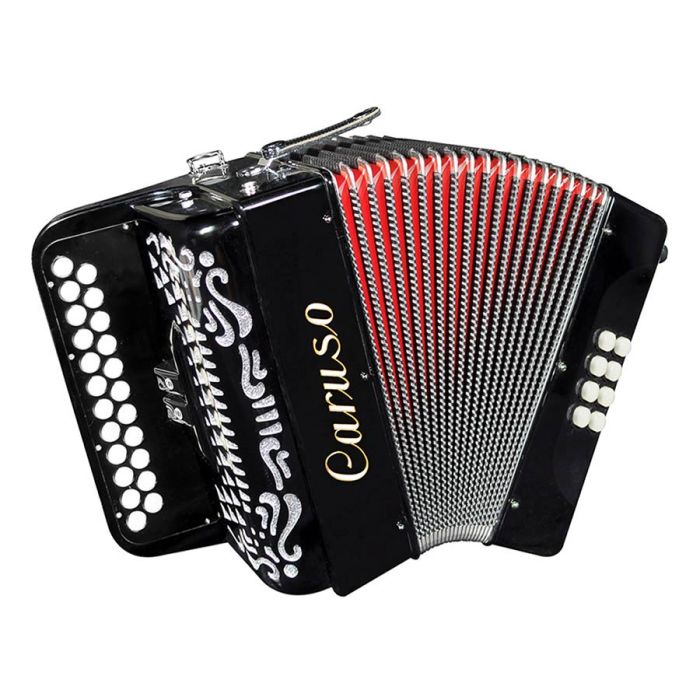 Caruso diatonische accordeon, 23-6 BC, zwart, 4 korig, met koffer en riemen