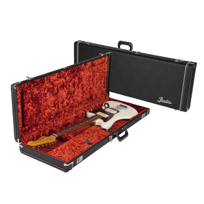 Fender deluxe koffer voor Jaguar / Jazzmaster / Toronado / Jagmaster, leer, zwart tolex & oranje pluche in