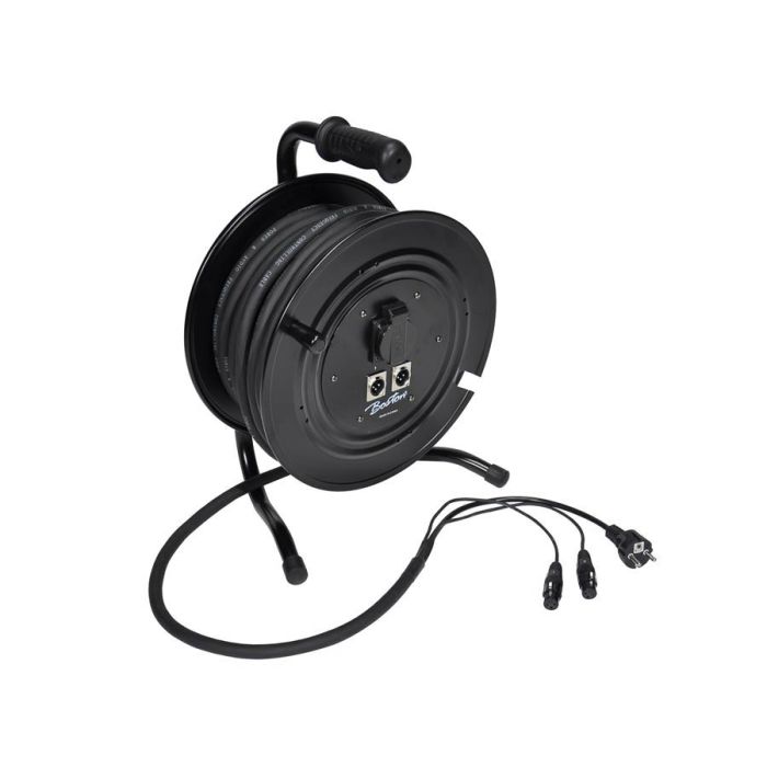 Boston drum snake, 25 meter, in 2 xlr male en female schuko, uit 2 xlr female en schuko