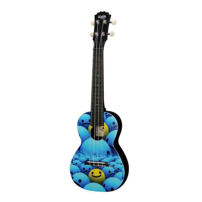 Korala Poly Ukes concert ukelele polycarbonaat, achterblad met akoestische kamers, yellow and blue smileys