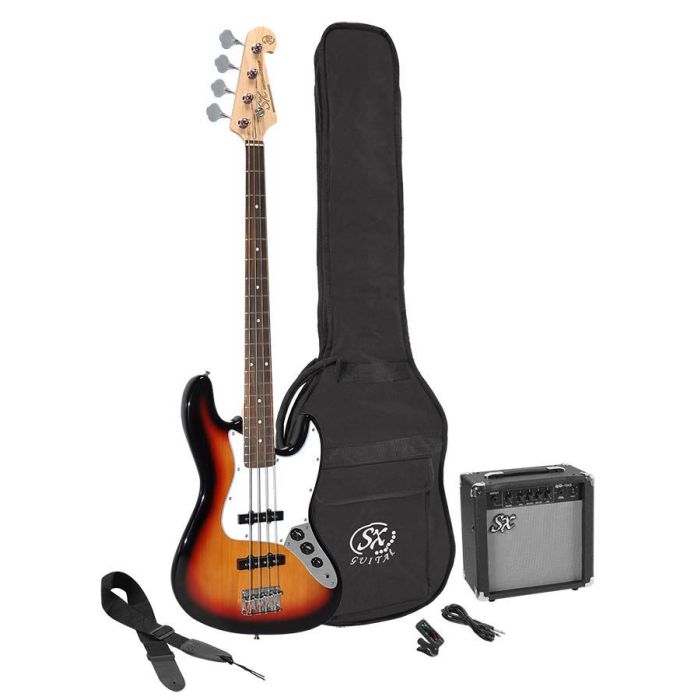 SX elektrisch basgitaarpakket, met versterker, tas, riem, tuner en kabel, 3 tone sunburst1