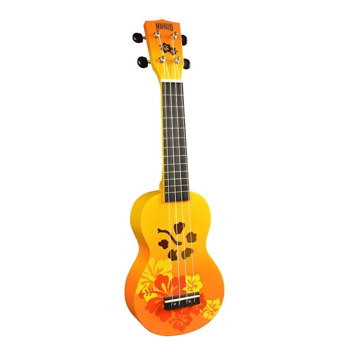 Mahalo Designer Series ukelele "Hibiscus" met tas, oranje burst