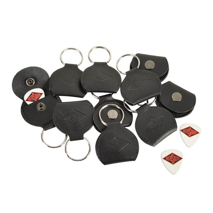 Rotosound key ring, with black leather pick holder, with 0.73mm white celluloid logo pick