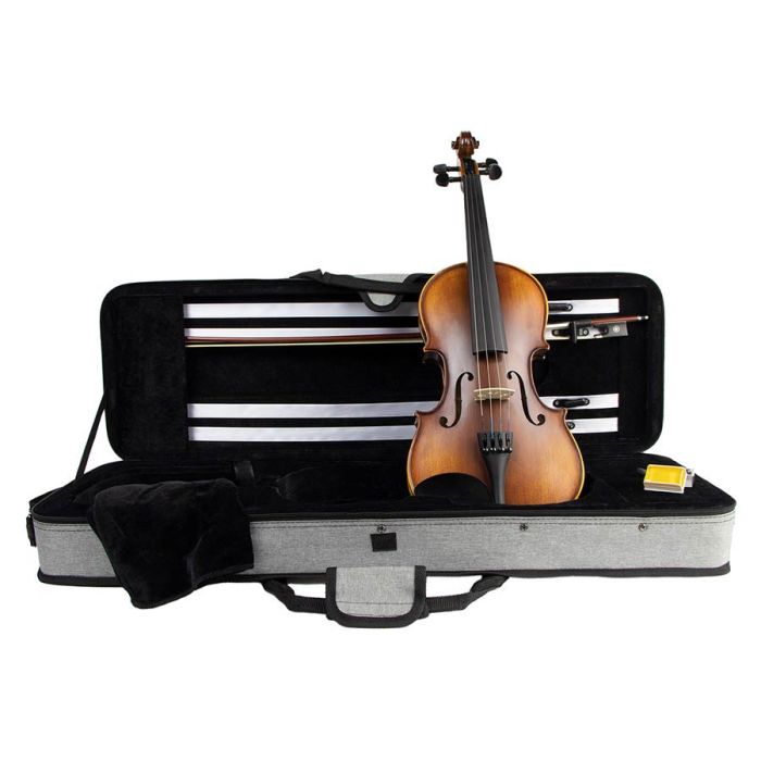 Leonardo Elementary series violin outfit 4/4, all solid, flamed maple back and sides, matt antique varnish, ebony fitting