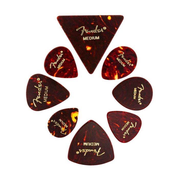 Fender Celluloid Medley Picks 8 pieces, all shapes, tortoise shell, medium