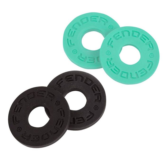 Fender Straps Blocks, rubber strap locking rings, one pair black and one pair surf green