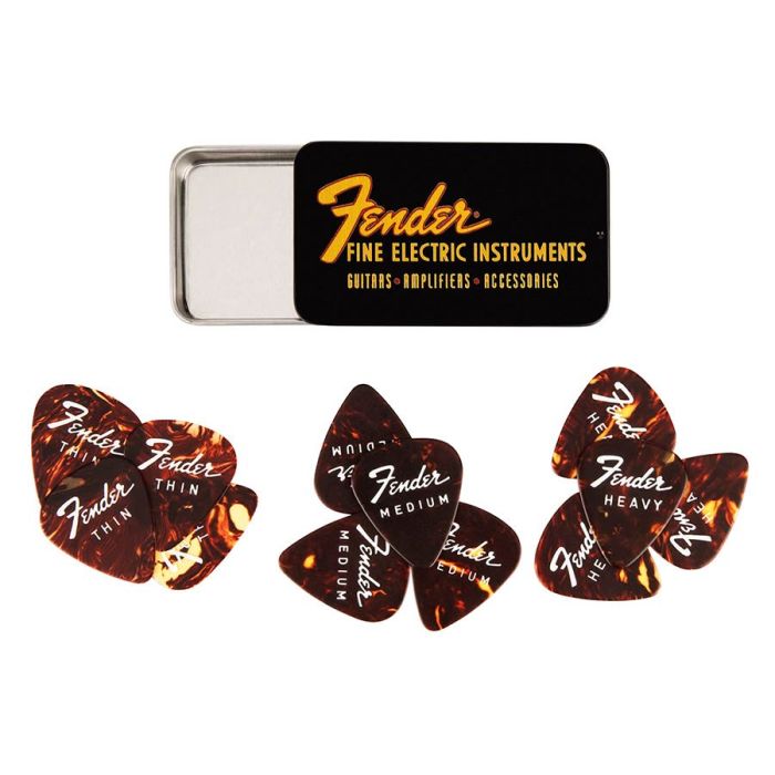 Fender fine electric pick tin, 351 shape, assorted gauges, 12 pieces