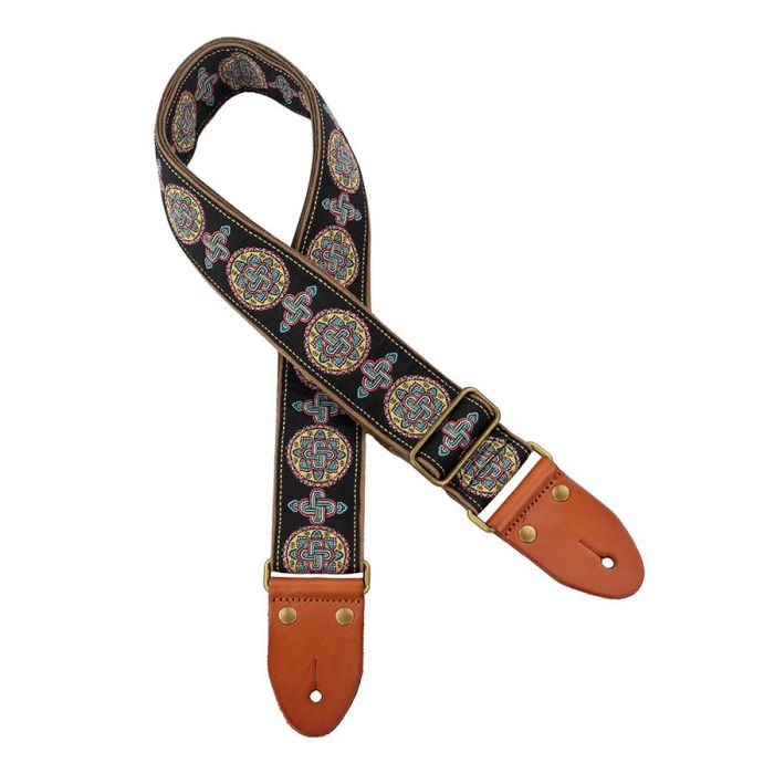 Gaucho Authentic Deluxe Series guitar strap, 2 jacquard weave, leather slips with pins, brass buckle, suede backing, bk/bu/rd 