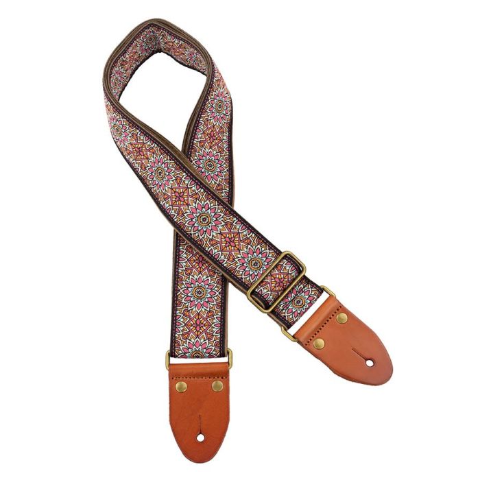 Gaucho Authentic Deluxe Series guitar strap, 2" jacquard weave, leather slips with pins, brass buckle, suede backing, bk/bu/rd1