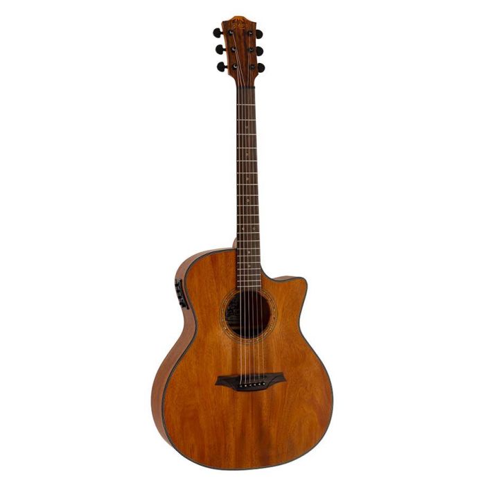 Bromo Tahoma Series auditorium guitar with solid mahogany top, cutaway with EQ, amara ebony fb, natural