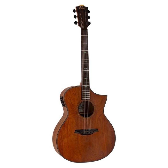 Bromo Tahoma Series auditorium guitar with solid mahogany top, cutaway with EQ, amara ebony fb, natural1