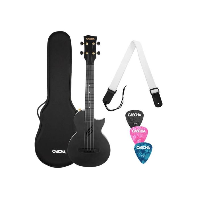 Cascha carbon fiber concert ukelele with softcase, strap and 3 picks, black