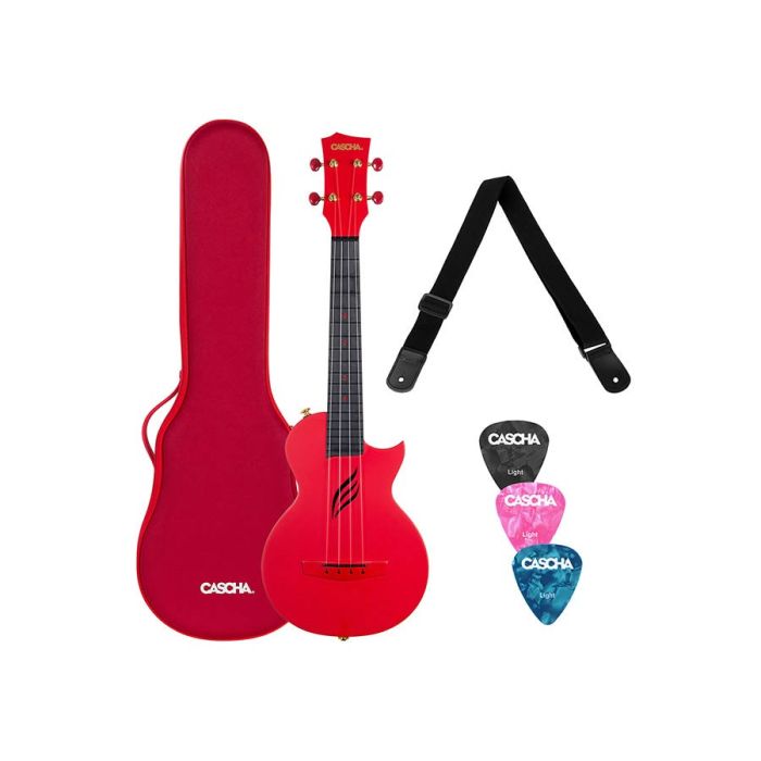 Cascha carbon fiber concert ukelele with softcase, strap and 3 picks, red