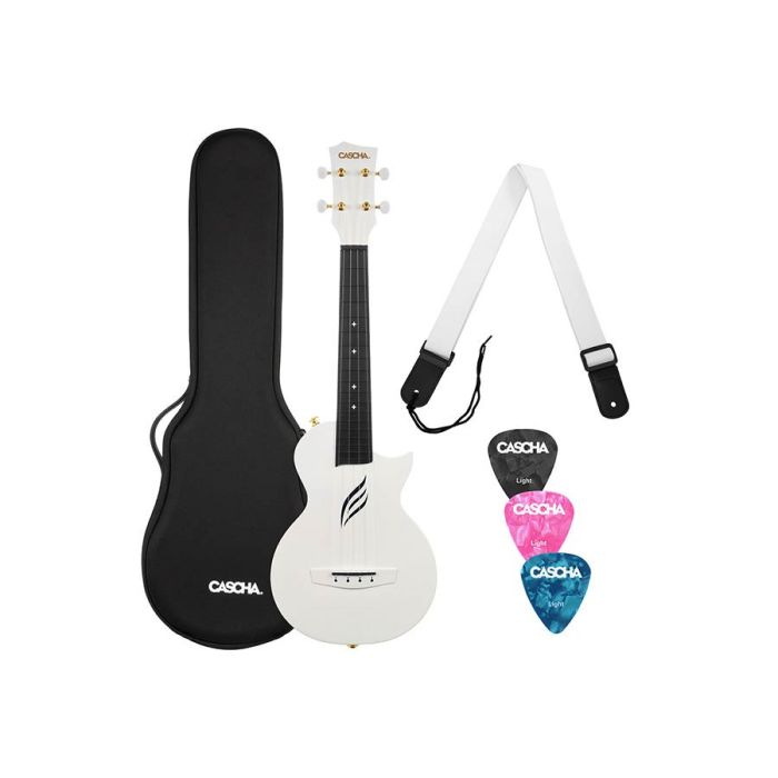 Cascha carbon fiber concert ukelele with softcase, strap and 3 picks, white