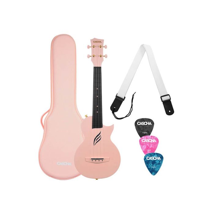 Cascha carbon fiber concert ukelele with softcase, strap and 3 picks, pink