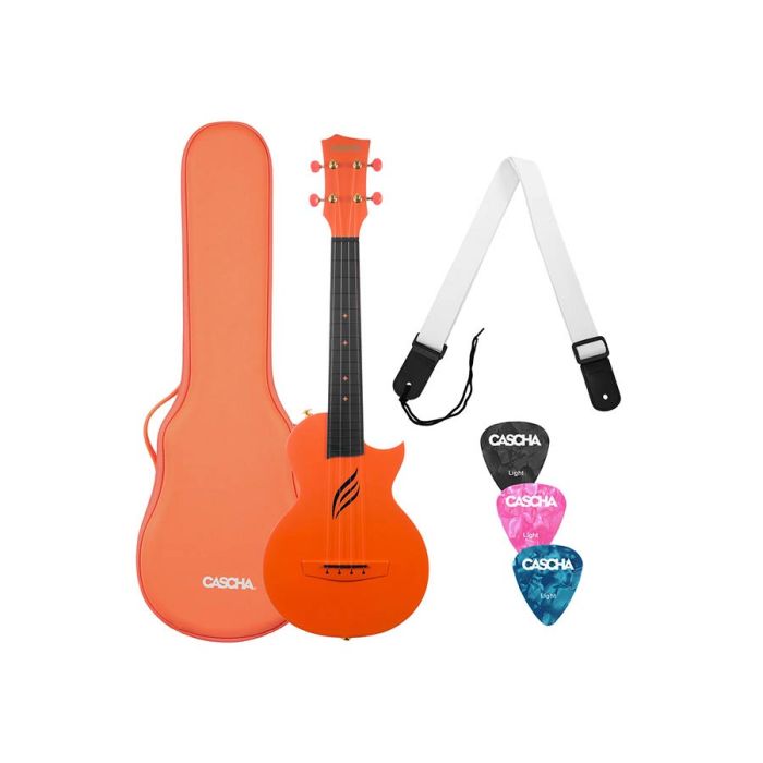 Cascha carbon fiber concert ukelele with softcase, strap and 3 picks, orange