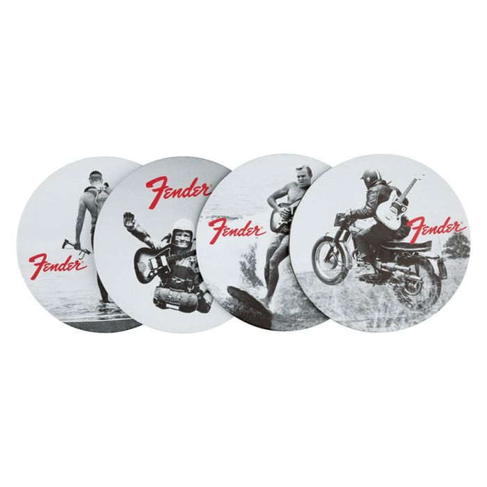 Fender vintage '60s ads coasters, black & white print on leather, 4 pcs.