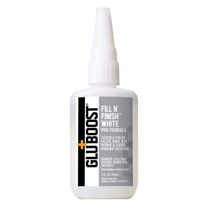 Gluboost Fill n Finish white finisher cyanoacrylic glue, Pro formula, 2oz (59ml) bottle