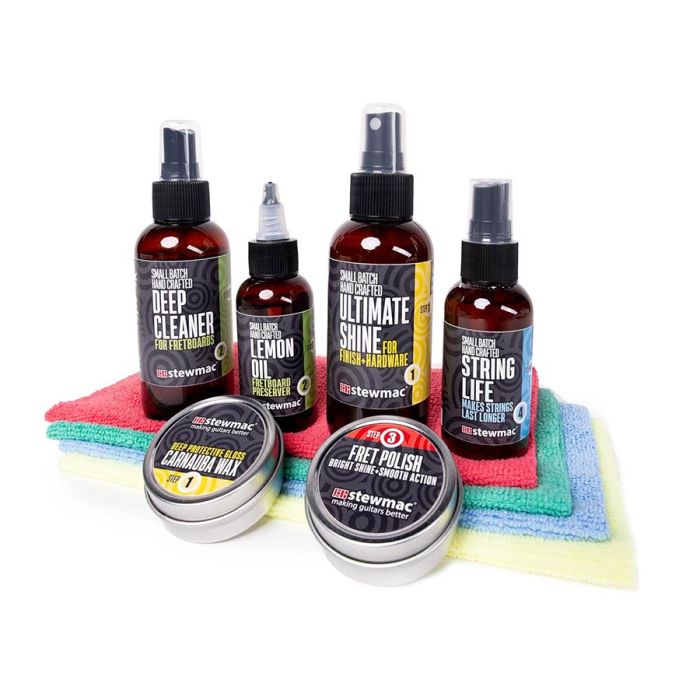 StewMac Ultimate Shine Guitar Care System, six cleaning compounds and four microfiber towels