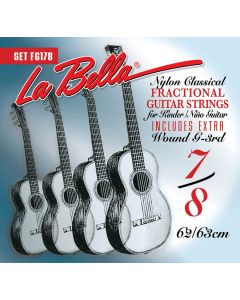 La Bella Fractional Series snarenset klassiek, 7/8 mensuur, clear nylon trebles, silverplated basses, extra G-3 (wound)