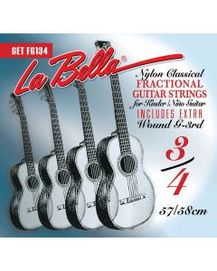 La Bella Fractional Series snarenset klassiek, 3/4 mensuur, clear nylon trebles, silverplated basses, extra G-3 (wound)