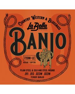 La Bella Acoustic Folk snarenset tenor banjo, silver plated steel wound, loop ends, medium, 011-013-023-033