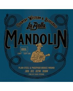 La Bella Acoustic Folk snarenset mandoline, phosphor bronze wound, loop ends, light, 009-012-021-036 (2x elk)