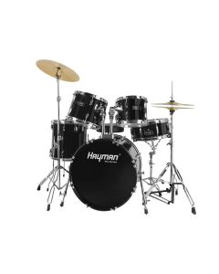 Hayman Pro Series 5-delig fusion drumstel, dubbelbenige statieven, zwart, drumkruk en bekkens inbegrepen