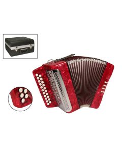 private label diatonische accordeon, 8 bassen, 2 rijen, B-C, stepped panel, rood, inclusief koffer en riemen