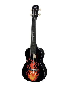 Korala Poly Ukes concert ukelele polycarbonaat, achterblad met akoestische kamers, black with with flames