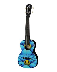 Korala Poly Ukes concert ukelele polycarbonaat, achterblad met akoestische kamers, yellow and blue smileys