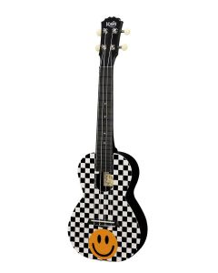 Korala Poly Ukes concert ukelele polycarbonaat, achterblad met akoestische kamers, yellow smiley checkers