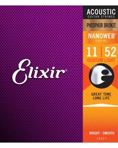 Elixir Nanoweb snarenset akoestisch, coated phosphor bronze, custom light, 011-015-022-032-042-052