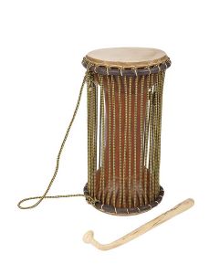 Kangaba medium tama (talking drum), gemaakt van dugura hout, koehuid drumvellen, nylon snaren, 29x48cm