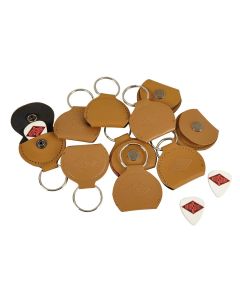 Rotosound key ring, with brown leather pick holder, with 0.73mm white celluloid logo pick