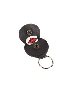 Rotosound key ring, with black leather pick holder, with 0.73mm white celluloid logo pick