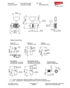 Schaller GrandTune Single machine heads 3L3R Butterbean, 21,7x6mm solid shaft, nickel